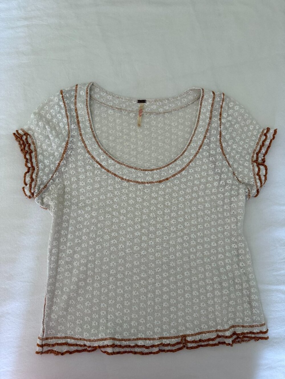 Free People Cream Textured Knit Top Ruffle Trim Boho Medium